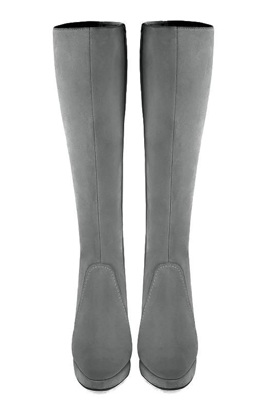 Dove grey women's feminine knee-high boots. Round toe. Very high slim heel with a platform at the front. Made to measure. Top view - Florence KOOIJMAN